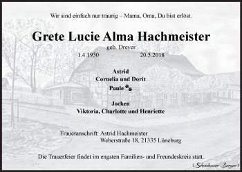 Anzeige von Grete Lucie Alma Hachmeister von LZ