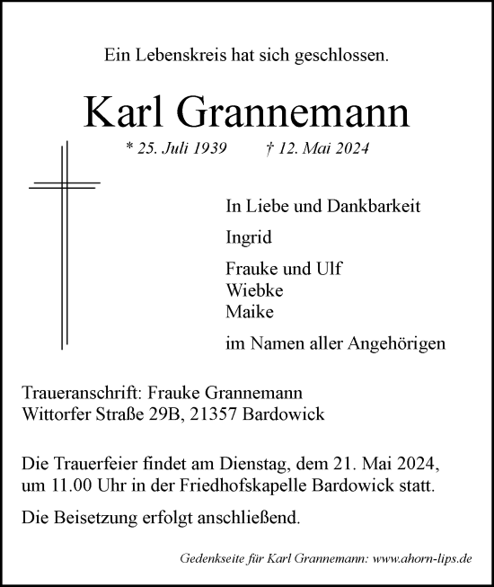 Anzeige von Karl Grannemann von LZ