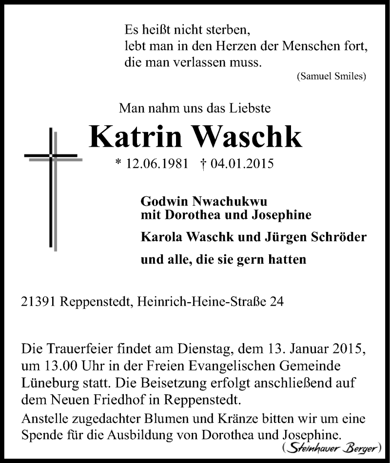  Traueranzeige für Katrin Waschk vom 09.01.2015 aus LZ