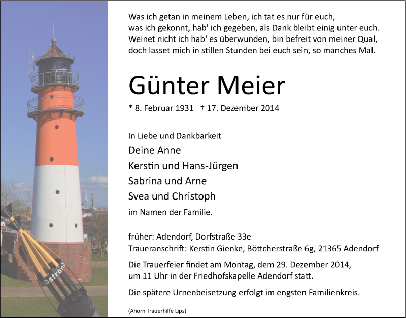  Traueranzeige für Günter Meier vom 23.12.2014 aus LZ