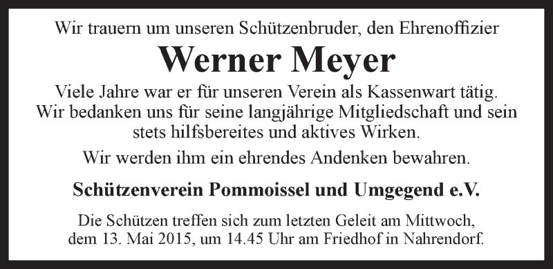  Traueranzeige für Werner Meyer vom 09.05.2015 aus LZ