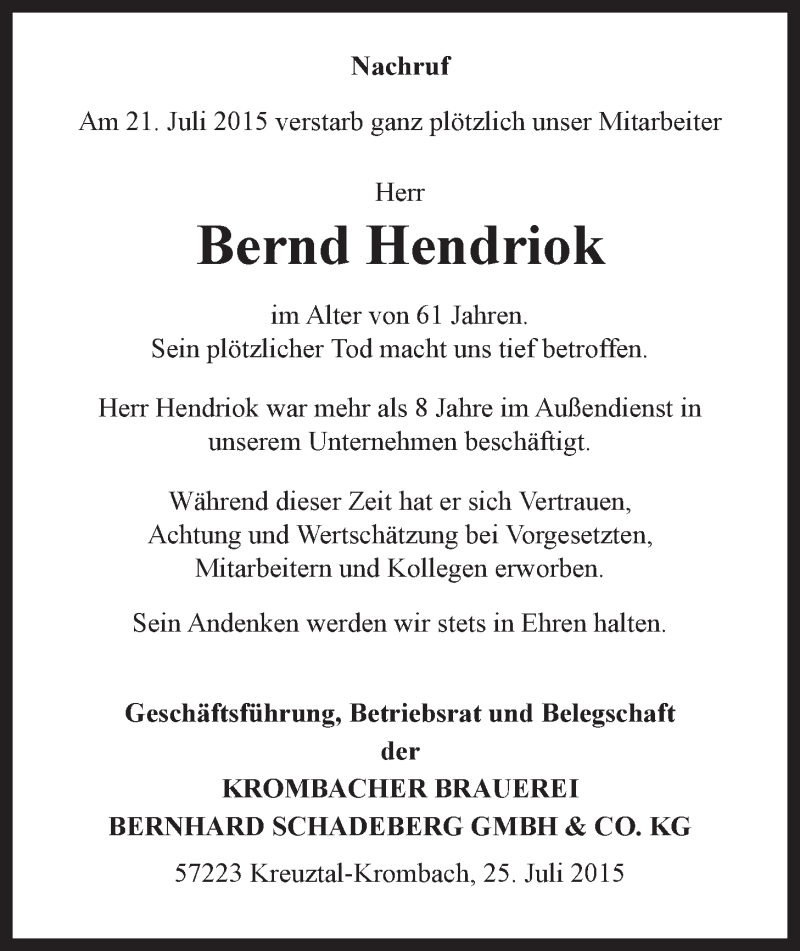  Traueranzeige für Bernd Hendriok vom 25.07.2015 aus LZ