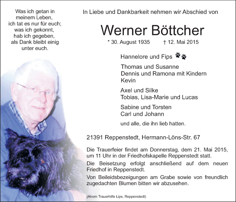  Traueranzeige für Werner Böttcher vom 16.05.2015 aus LZ