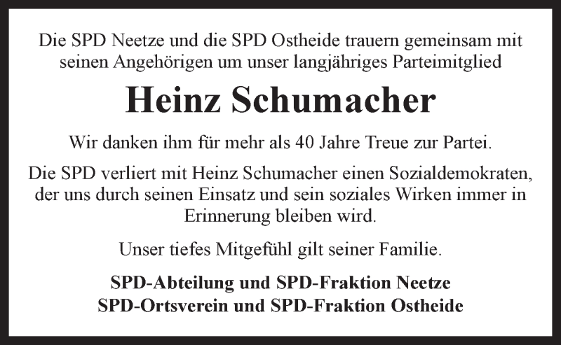  Traueranzeige für Heinz Schumacher vom 13.06.2015 aus LZ