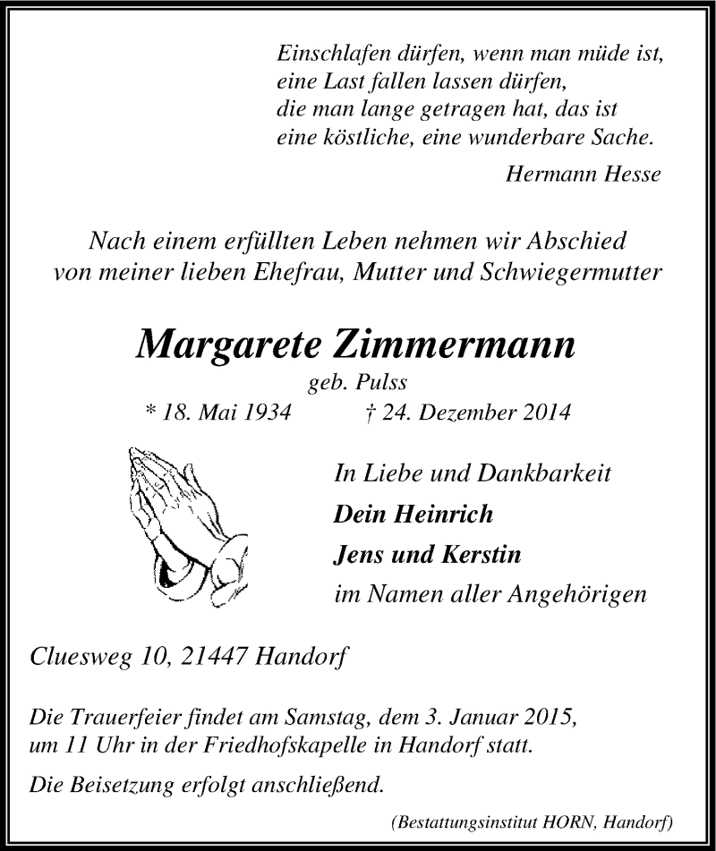  Traueranzeige für Margarete Zimmermann vom 30.12.2014 aus LZ