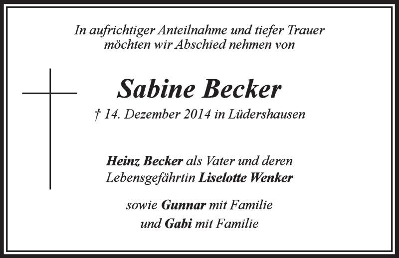  Traueranzeige für Sabine Becker vom 20.12.2014 aus LZ