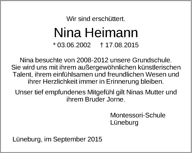  Traueranzeige für Arnd und Nina Heimann vom 10.09.2015 aus LZ