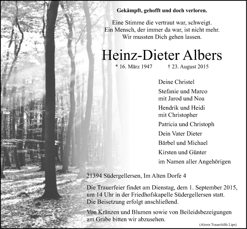  Traueranzeige für Heinz-Dieter und Dieter Albers vom 26.08.2015 aus LZ
