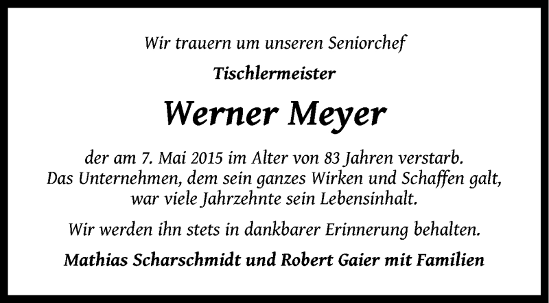 Traueranzeige für Werner Meyer vom 09.05.2015 aus LZ