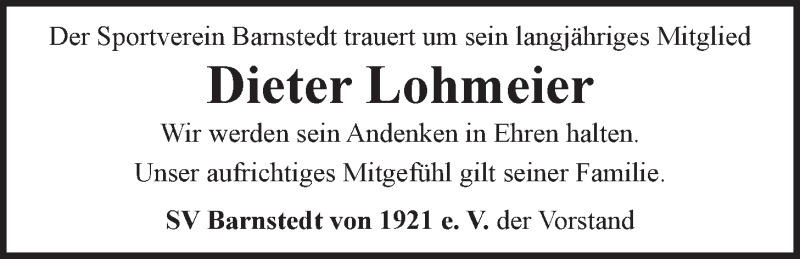  Traueranzeige für Dietrich Wilhelm Lohmeier vom 31.08.2015 aus LZ