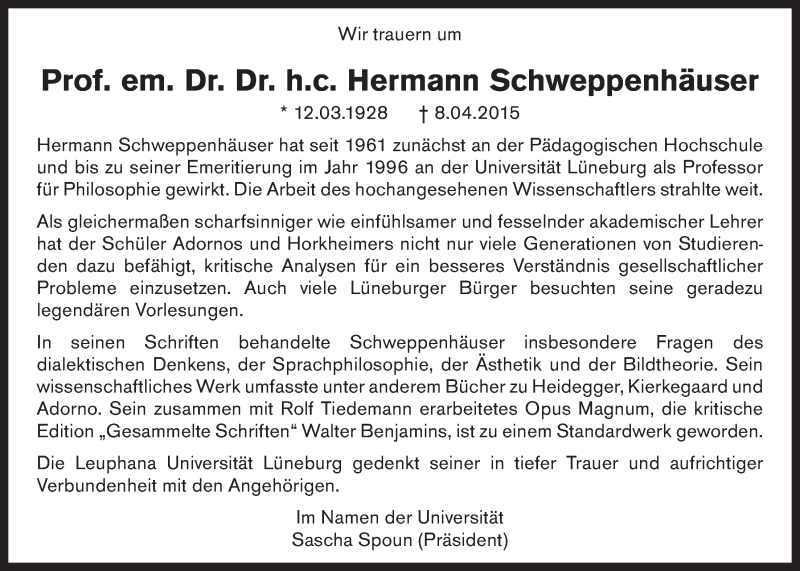  Traueranzeige für Hermann Schweppenhäuser vom 15.04.2015 aus LZ