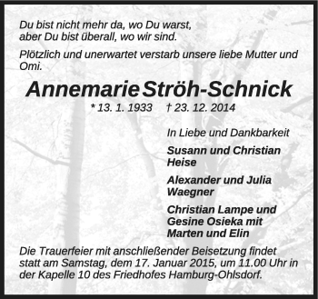 Anzeige von Annemarie Ströh-Schnick von LZ