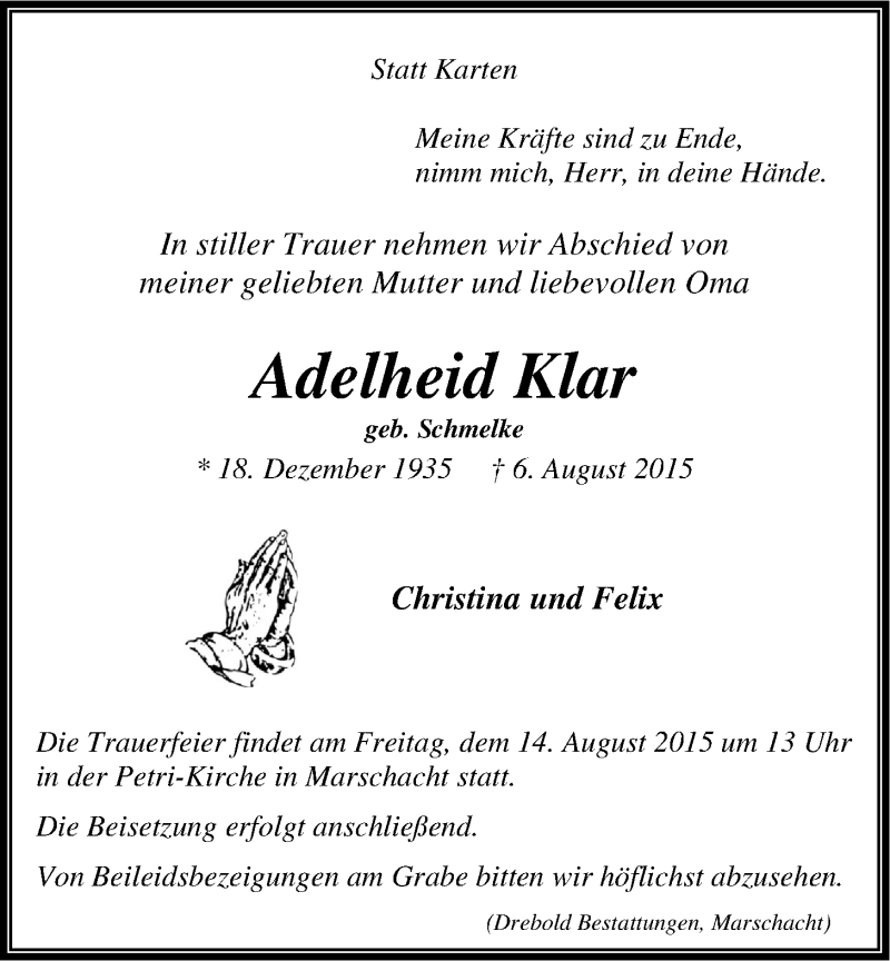  Traueranzeige für Adelheid Klar vom 11.08.2015 aus LZ