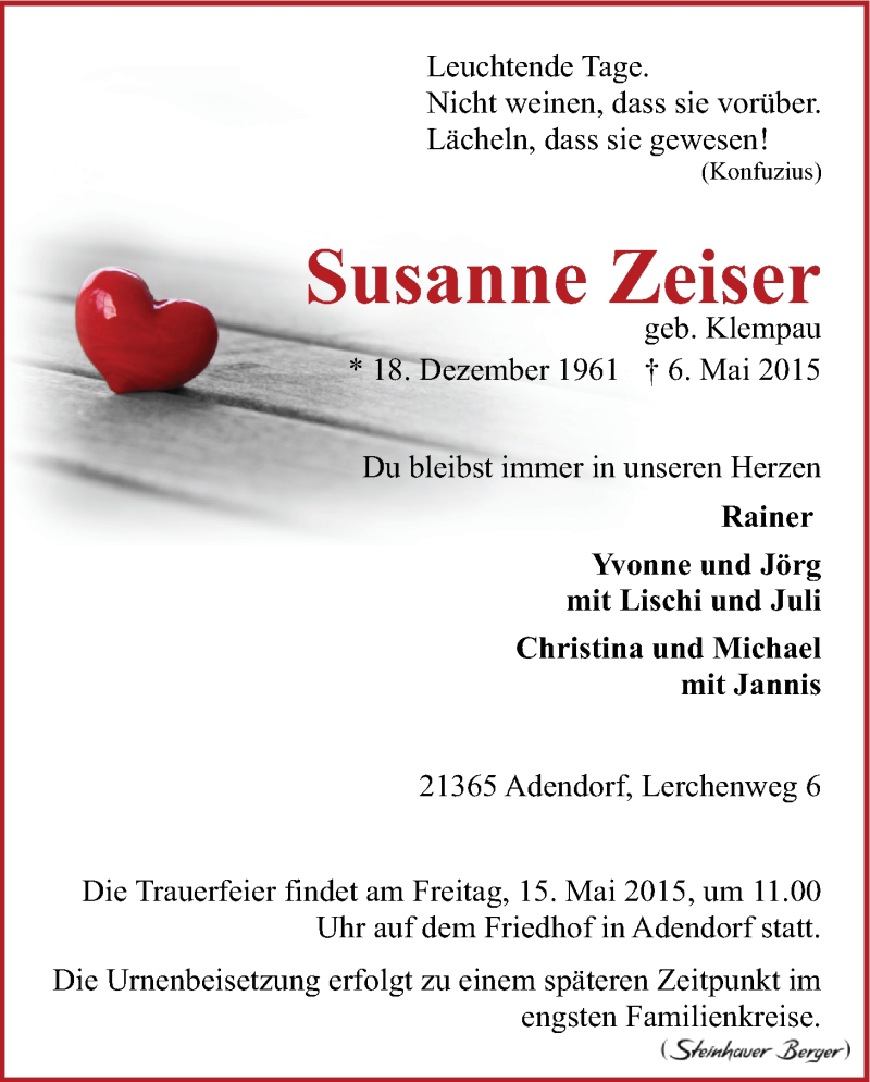  Traueranzeige für Susanne Zeiser vom 09.05.2015 aus LZ