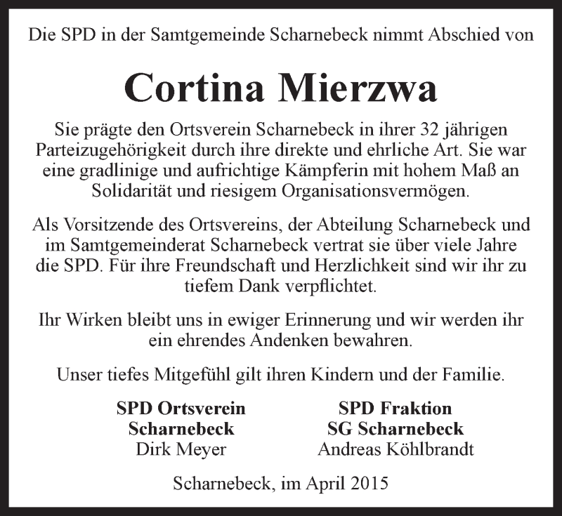  Traueranzeige für Cortina Mierzwa vom 30.04.2015 aus LZ