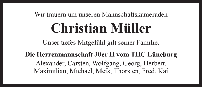  Traueranzeige für Christian Müller vom 26.10.2015 aus LZ