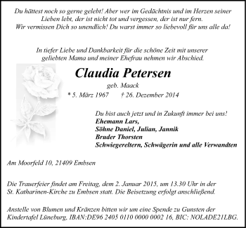 Anzeige von Claudia Petersen von LZ