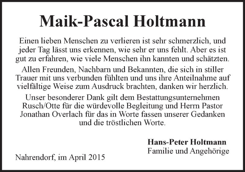  Traueranzeige für Maik-Pascal Holtmann vom 25.04.2015 aus LZ