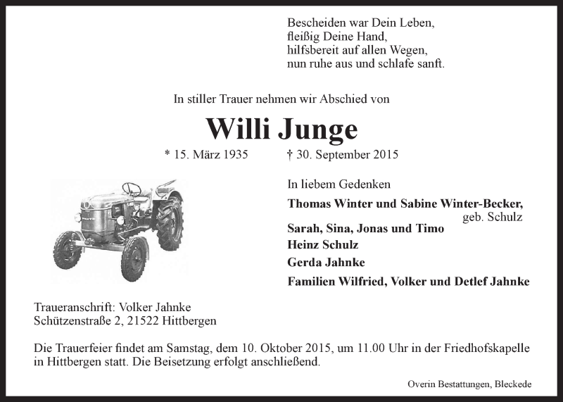  Traueranzeige für Willi Junge vom 06.10.2015 aus LZ