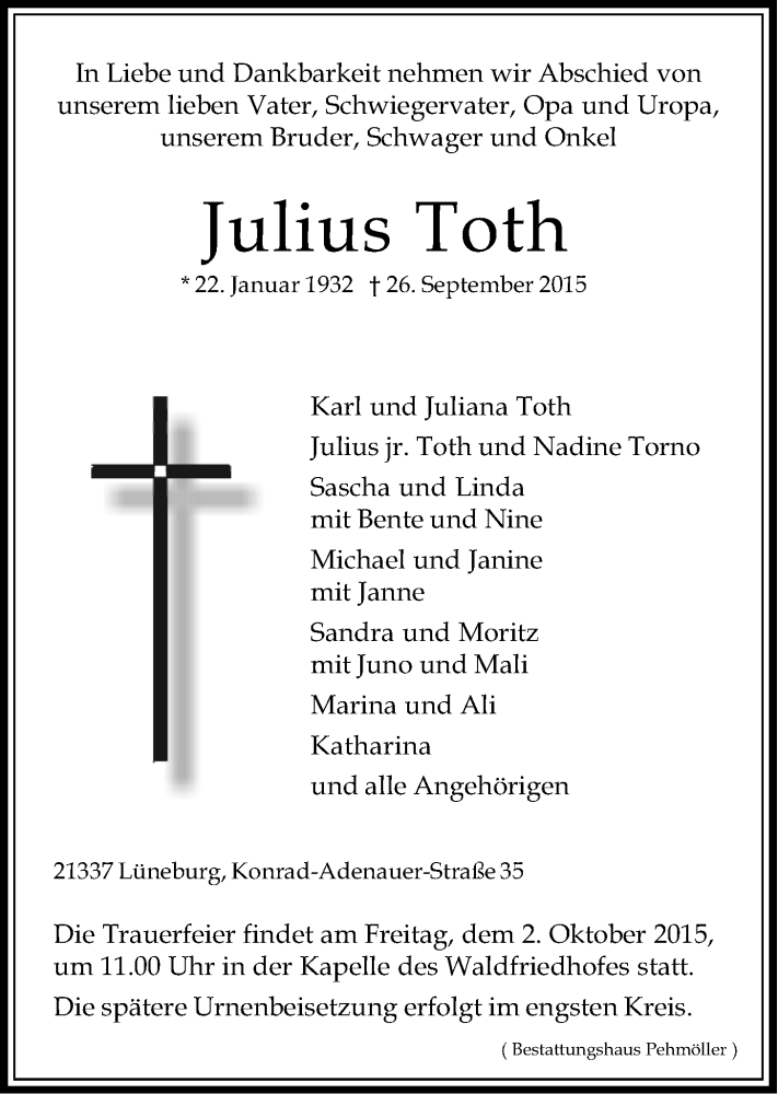  Traueranzeige für Julius Toth vom 30.09.2015 aus LZ