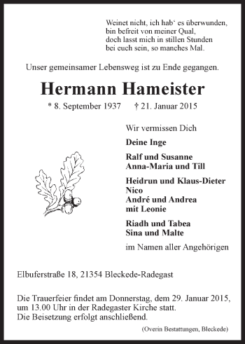 Anzeige von Hermann Hameister von LZ