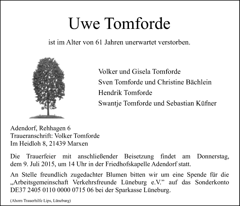  Traueranzeige für Uwe Tomforde vom 04.07.2015 aus LZ