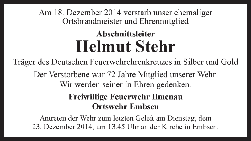  Traueranzeige für Helmut Stehr vom 20.12.2014 aus LZ