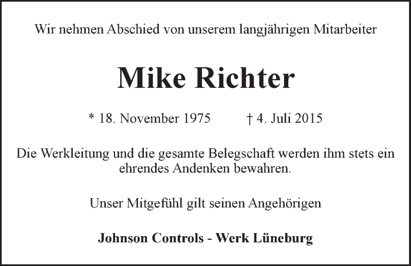  Traueranzeige für Mike Richter vom 16.07.2015 aus LZ