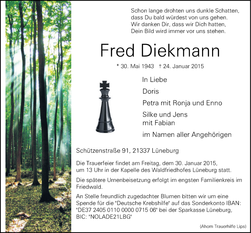  Traueranzeige für Fred Diekmann vom 27.01.2015 aus LZ