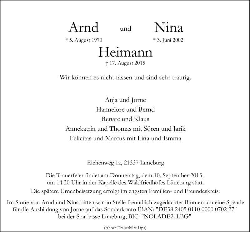  Traueranzeige für Arnd und Nina Heimann vom 05.09.2015 aus LZ