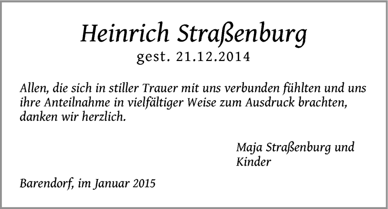  Traueranzeige für Heinrich Straßenburg vom 13.01.2015 aus LZ