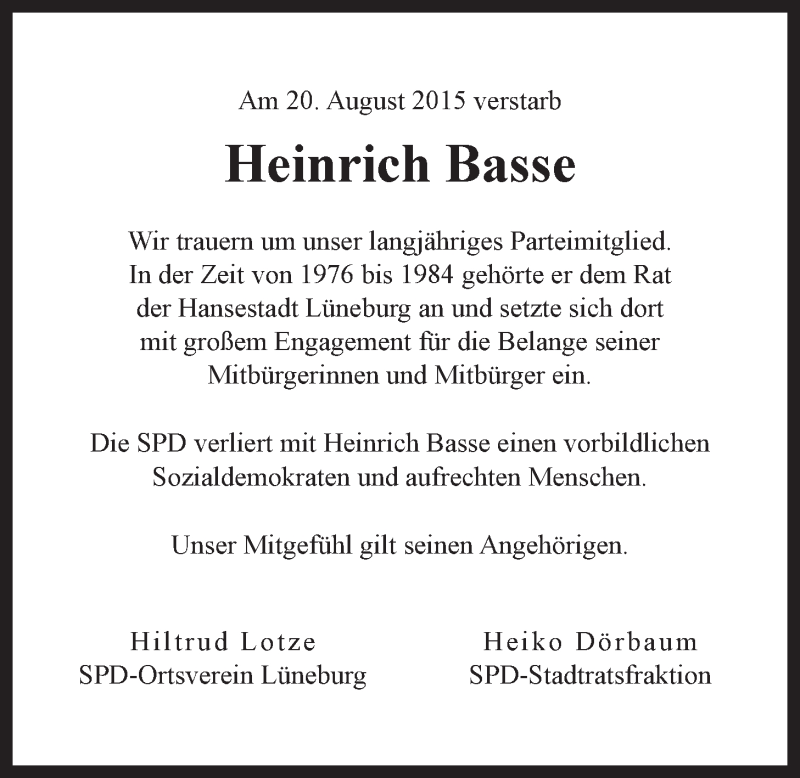  Traueranzeige für Heinrich Basse vom 29.08.2015 aus LZ
