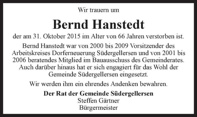 Traueranzeige für Bernd Hanstedt vom 07.11.2015 aus LZ