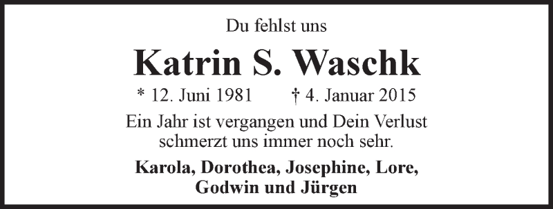  Traueranzeige für Katrin Waschk vom 04.01.2016 aus LZ