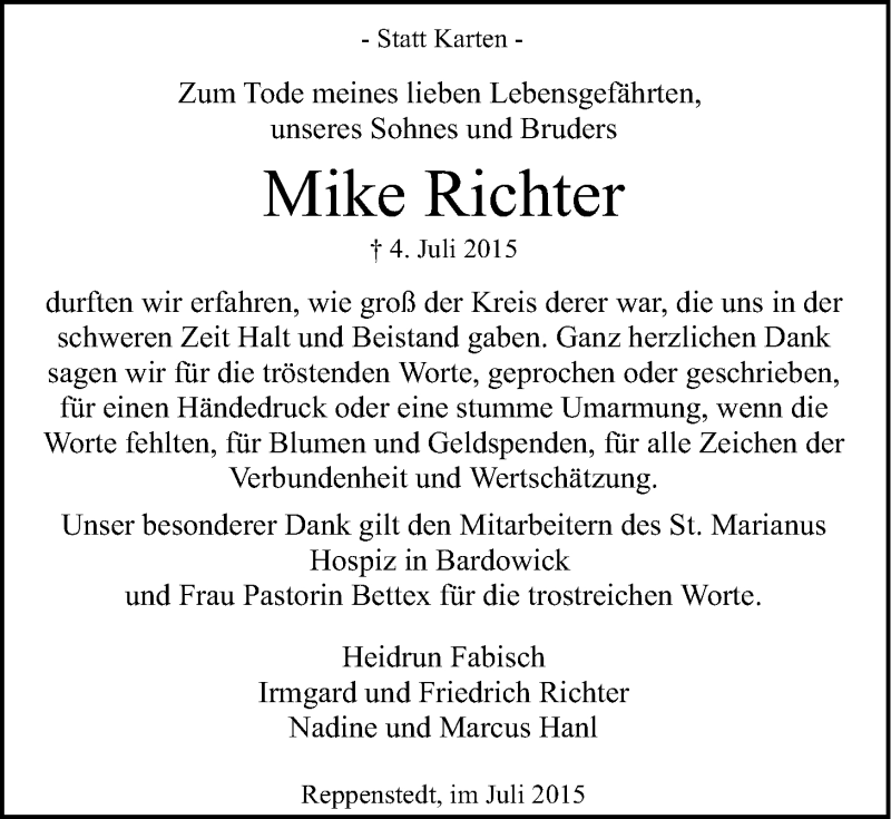  Traueranzeige für Mike Richter vom 25.07.2015 aus LZ