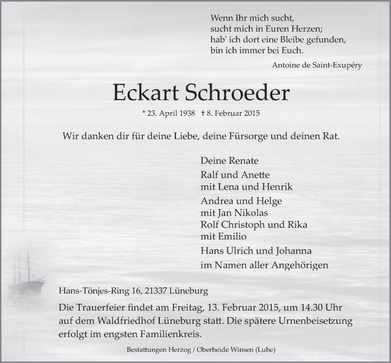  Traueranzeige für Eckart Schroeder vom 11.02.2015 aus LZ