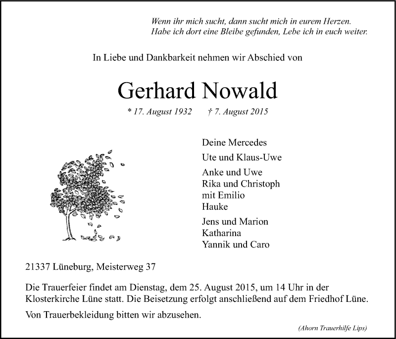  Traueranzeige für Gerhard Nowald vom 19.08.2015 aus LZ