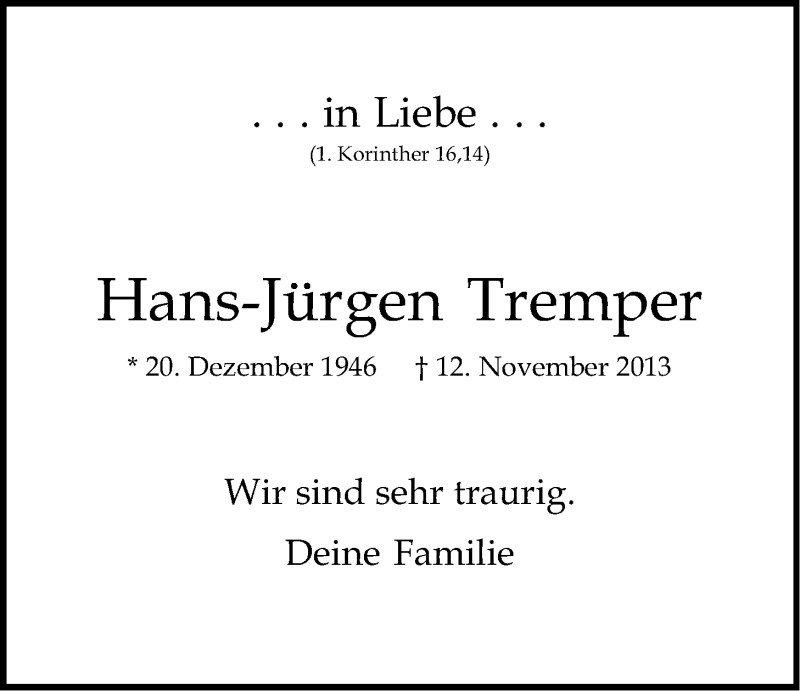  Traueranzeige für Hans-Jürgen Tremper vom 16.11.2013 aus LZ