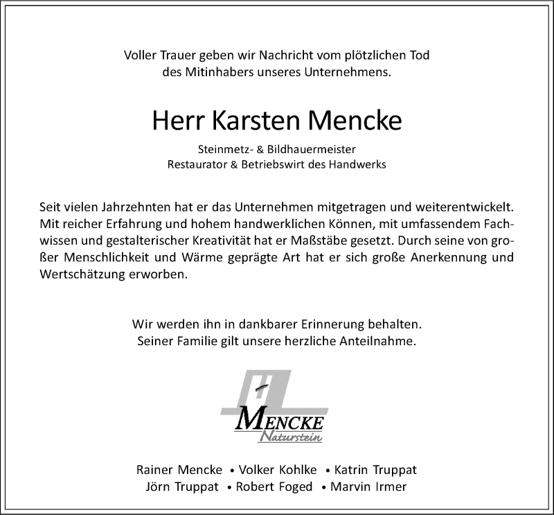  Traueranzeige für Karsten Mencke vom 25.11.2013 aus LZ