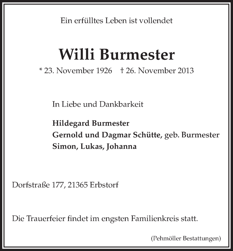  Traueranzeige für Willi Burmester vom 29.11.2013 aus LZ