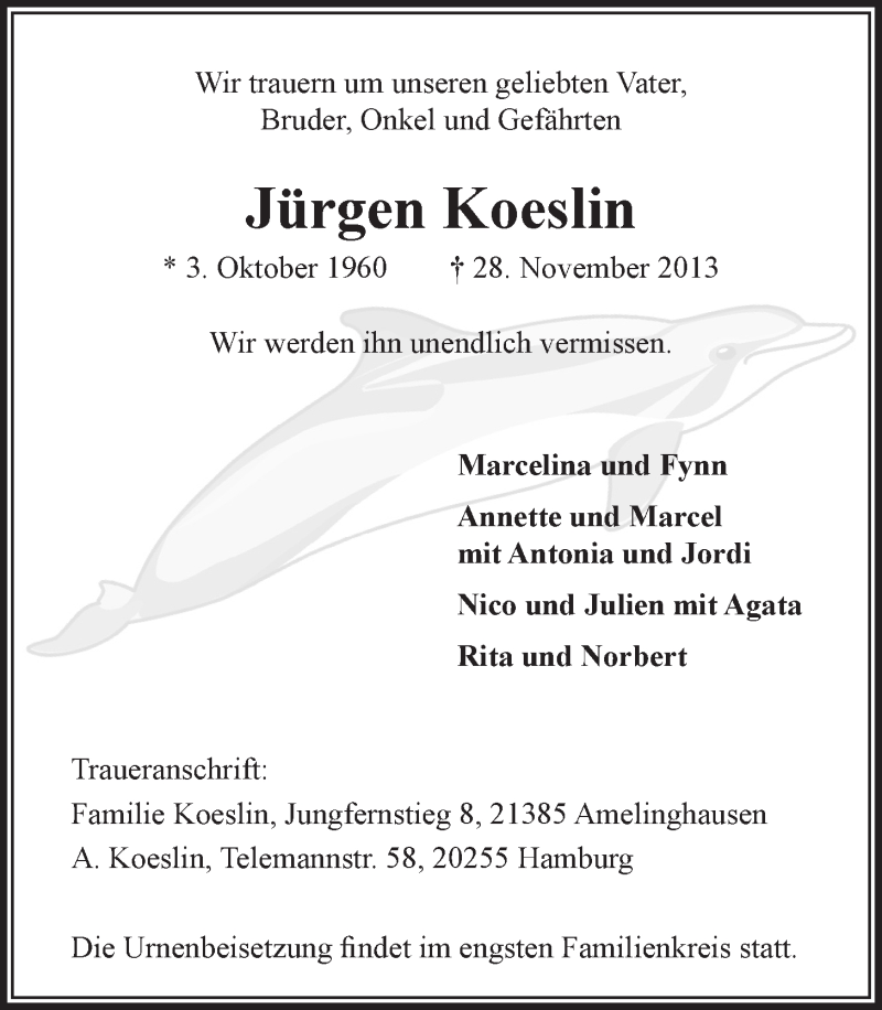  Traueranzeige für Jürgen Koeslin vom 05.12.2013 aus LZ