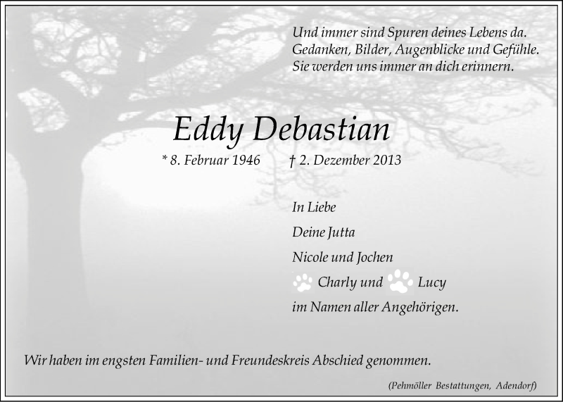  Traueranzeige für Eddy Debastian vom 11.12.2013 aus LZ