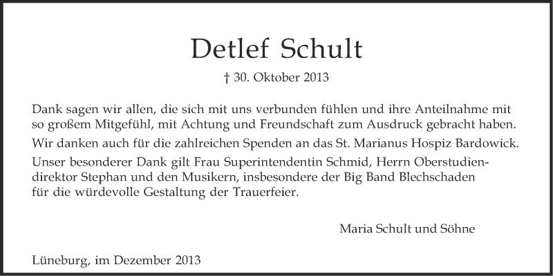  Traueranzeige für Detlef Schult vom 14.12.2011 aus LZ