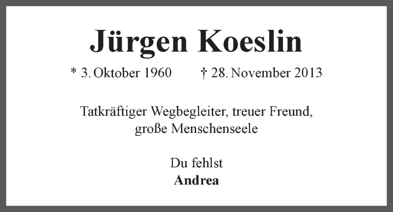  Traueranzeige für Jürgen Koeslin vom 14.12.2013 aus LZ