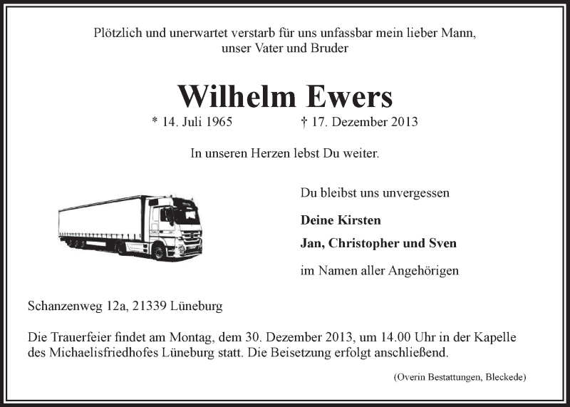  Traueranzeige für Wilhelm Ewers vom 21.12.2013 aus LZ