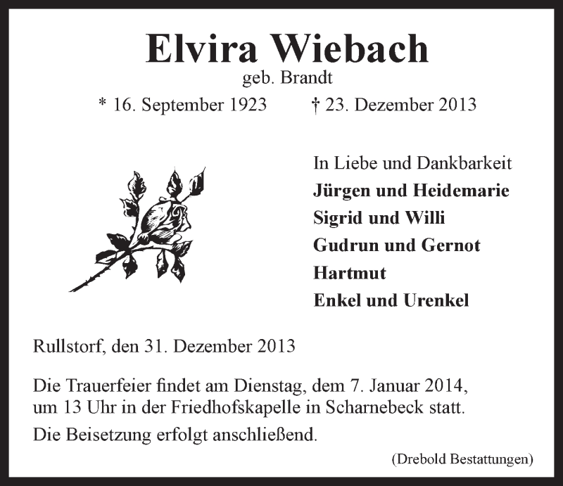  Traueranzeige für Elvira Wiebach vom 31.12.2013 aus LZ
