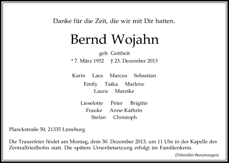  Traueranzeige für Bernd Wojahn vom 28.12.2013 aus LZ
