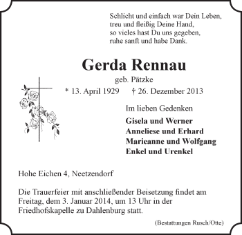 Anzeige von Gerda Rennau von LZ