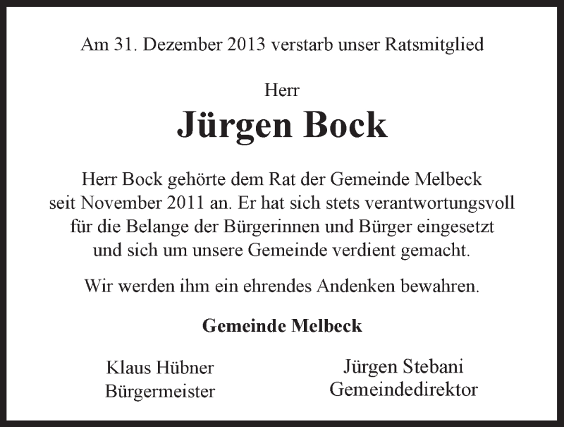  Traueranzeige für Jürgen Bock vom 06.01.2014 aus LZ