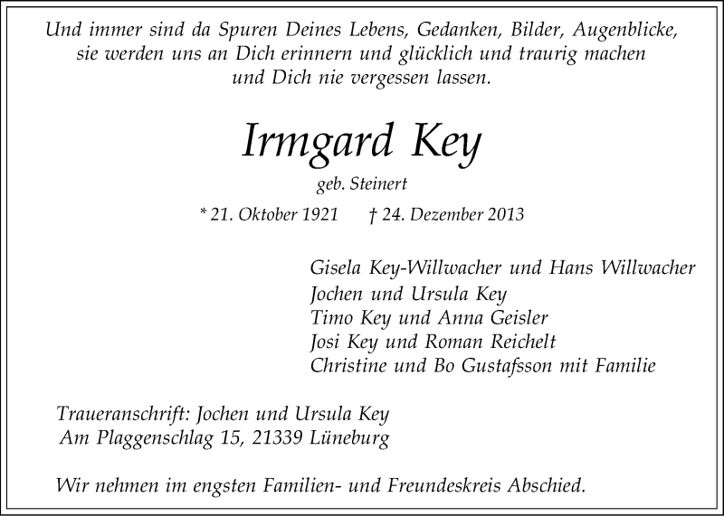  Traueranzeige für Irmgard Key vom 04.01.2014 aus LZ